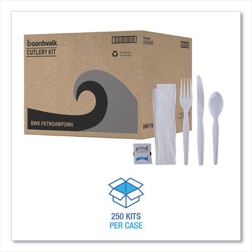 Six-Piece Cutlery Kit, Condiment/Fork/Knife/Napkin/Spoon, Heavyweight, White, 250/Carton. Picture 2