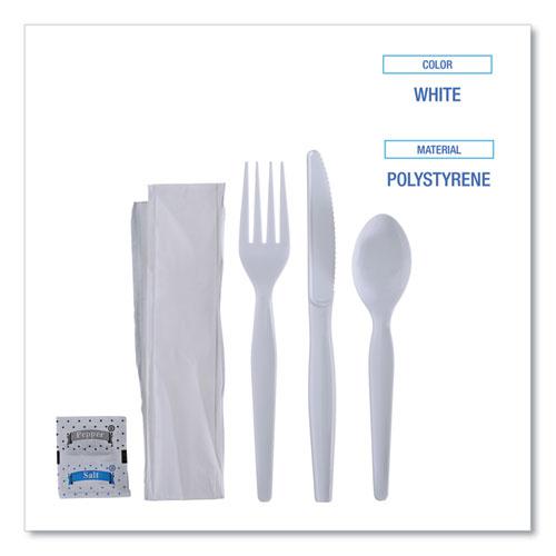 Six-Piece Cutlery Kit, Condiment/Fork/Knife/Napkin/Spoon, Heavyweight, White, 250/Carton. Picture 3