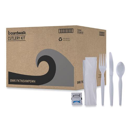 Six-Piece Cutlery Kit, Condiment/Fork/Knife/Napkin/Spoon, Heavyweight, White, 250/Carton. Picture 8