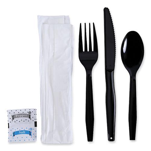Six-Piece Cutlery Kit, Condiment/Fork/Knife/Napkin/Teaspoon, Black, 250/Carton. Picture 1
