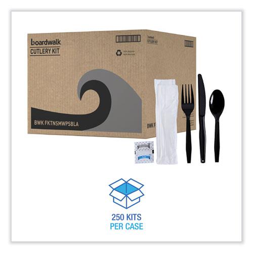 Six-Piece Cutlery Kit, Condiment/Fork/Knife/Napkin/Teaspoon, Black, 250/Carton. Picture 2