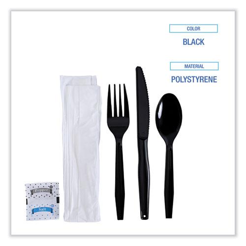 Six-Piece Cutlery Kit, Condiment/Fork/Knife/Napkin/Teaspoon, Black, 250/Carton. Picture 3