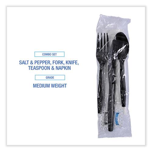 Six-Piece Cutlery Kit, Condiment/Fork/Knife/Napkin/Teaspoon, Black, 250/Carton. Picture 5