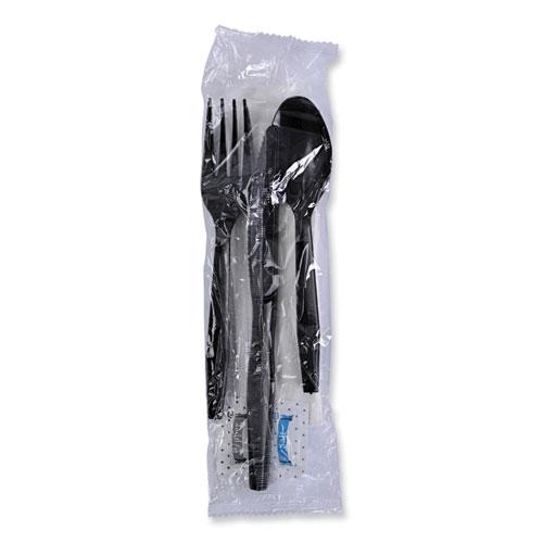 Six-Piece Cutlery Kit, Condiment/Fork/Knife/Napkin/Teaspoon, Black, 250/Carton. Picture 7