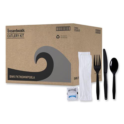 Six-Piece Cutlery Kit, Condiment/Fork/Knife/Napkin/Teaspoon, Black, 250/Carton. Picture 8
