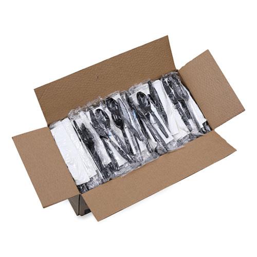 Six-Piece Cutlery Kit, Condiment/Fork/Knife/Napkin/Teaspoon, Black, 250/Carton. Picture 9
