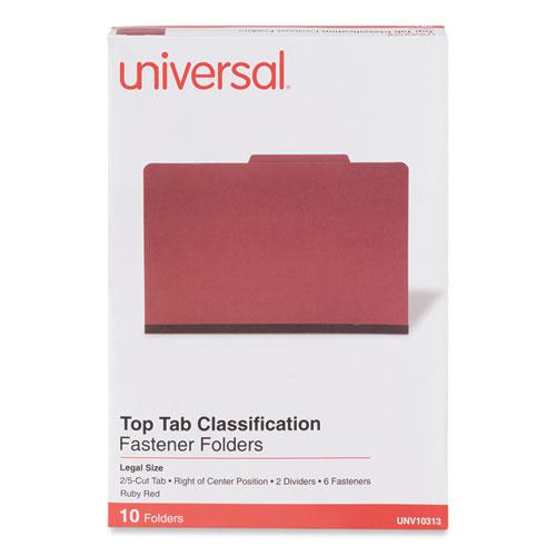 Bright Colored Pressboard Classification Folders, 2" Expansion, 2 Dividers, 6 Fasteners, Legal Size, Ruby Red, 10/Box. Picture 2