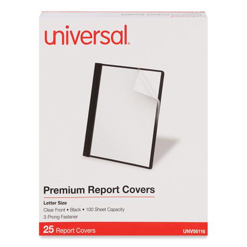 Clear Front Report Cover with Fasteners, Three-Prong Fastener, 0.5" Capacity, 8.5 x 11, Clear/Black, 25/Box. Picture 2