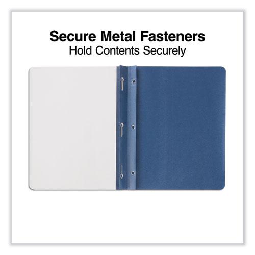 Clear Front Report Covers with Fasteners, Three-Prong Fastener, 0.5" Capacity,  8.5 x 11, Clear/Dark Blue, 25/Box. Picture 4