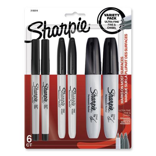 Mixed Point Size Permanent Markers, Assorted Tip Sizes/Types, Black, 6/Pack. Picture 1