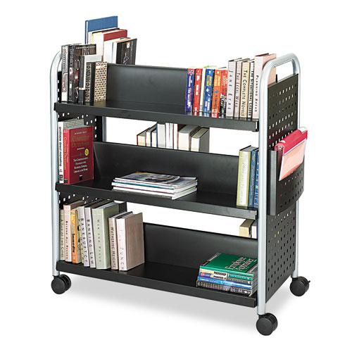 Scoot Double-Sided Book Cart, Metal, 6 Shelves, 1 Bin, 41.25" x 17.75" x 41.25", Black. Picture 1