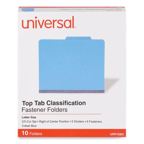 Bright Colored Pressboard Classification Folders, 2" Expansion, 2 Dividers, 6 Fasteners, Letter Size, Cobalt Blue, 10/Box. Picture 2