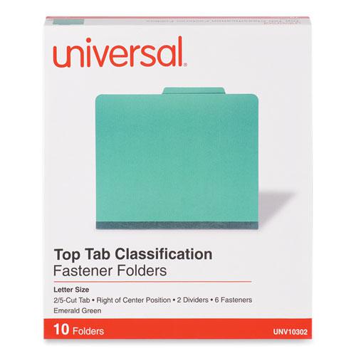 Bright Colored Pressboard Classification Folders, 2" Expansion, 2 Dividers, 6 Fasteners, Letter Size, Emerald Green, 10/Box. Picture 2