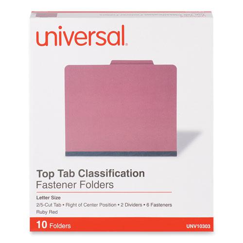 Bright Colored Pressboard Classification Folders, 2" Expansion, 2 Dividers, 6 Fasteners, Letter Size, Ruby Red, 10/Box. Picture 2