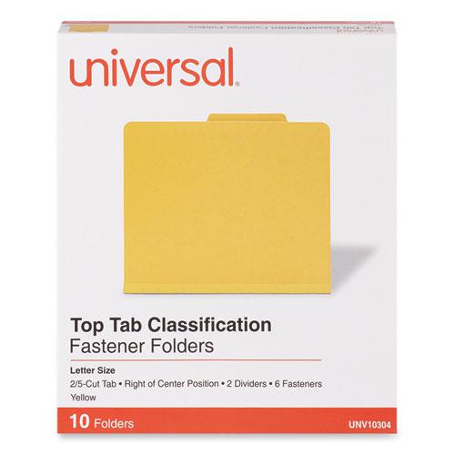 Bright Colored Pressboard Classification Folders, 2" Expansion, 2 Dividers, 6 Fasteners, Letter Size, Yellow Exterior, 10/Box. Picture 2