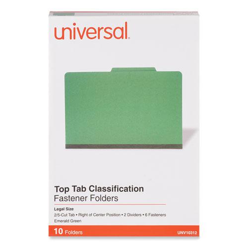 Bright Colored Pressboard Classification Folders, 2" Expansion, 2 Dividers, 6 Fasteners, Legal Size, Emerald Green, 10/Box. Picture 2