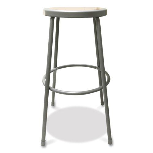 Industrial Metal Shop Stool, Backless, Supports Up to 300 lb, 30" Seat Height, Brown Seat, Gray Base. Picture 1