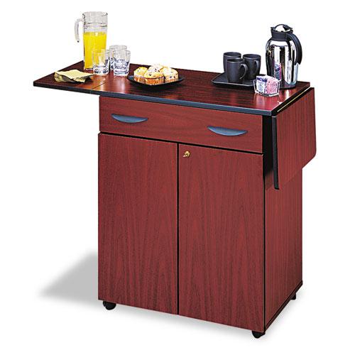 Hospitality Cart with Drop Leaves, Engineered Wood, 3 Shelves, 1 Drawer, 32.5" to 56.25" x 20.5" x 38.75", Mahogany. Picture 1