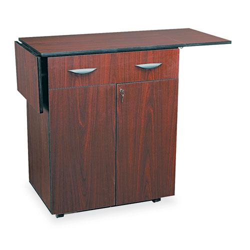 Hospitality Cart with Drop Leaves, Engineered Wood, 3 Shelves, 1 Drawer, 32.5" to 56.25" x 20.5" x 38.75", Mahogany. Picture 2