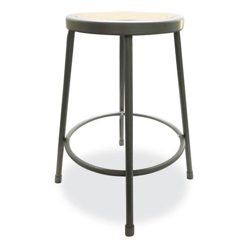 Industrial Metal Shop Stool, Backless, Supports Up to 300 lb, 24" Seat Height, Brown Seat, Gray Base. Picture 4