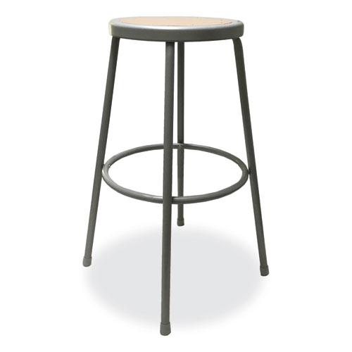 Industrial Metal Shop Stool, Backless, Supports Up to 300 lb, 30" Seat Height, Brown Seat, Gray Base. Picture 3