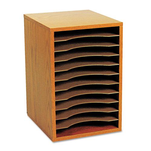Wood Vertical Desktop Sorter, 11 Compartments, 10.63 x 11.88 x 16, Medium Oak. Picture 2