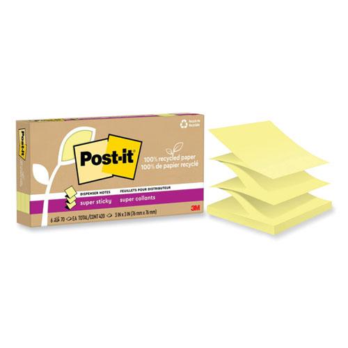 100% Recycled Paper Super Sticky Notes, 3" x 3", Canary Yellow, 70 Sheets/Pad, 6 Pads/Pack. Picture 1