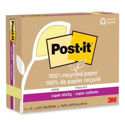 100% Recycled Paper Super Sticky Notes, 3" x 5", Canary Yellow, 70 Sheets/Pad, 12 Pads/Pack. Picture 2