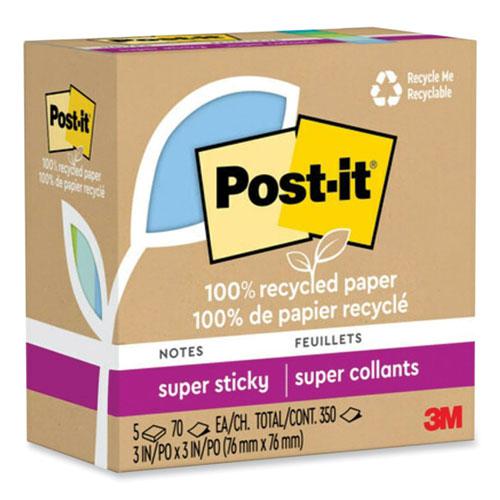 100% Recycled Paper Super Sticky Notes, 3" x 3", Oasis, 70 Sheets/Pad, 5 Pads/Pack. Picture 2
