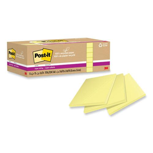 100% Recycled Paper Super Sticky Notes, 3" x 3", Canary Yelow, 70 Sheets/Pad, 12 Pads/Pack. Picture 1