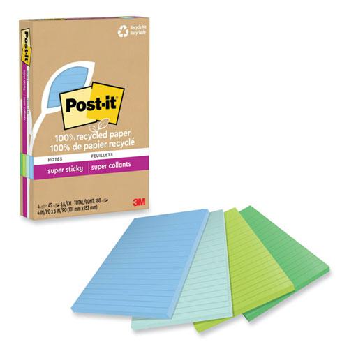 100% Recycled Paper Super Sticky Notes, Ruled, 4" x 6", Oasis, 45 Sheets/Pad, 4 Pads/Pack. Picture 1
