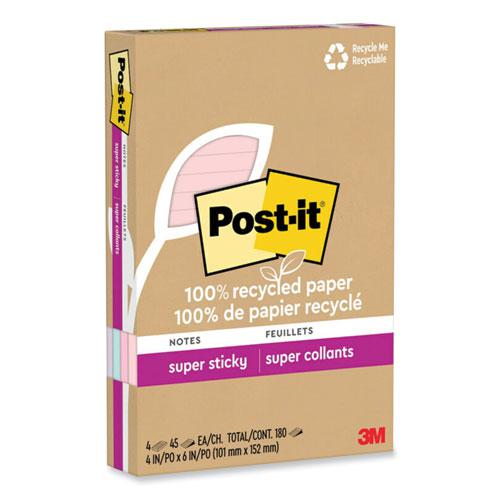 100% Recycled Paper Super Sticky Notes, Ruled, 4" x 6", Wanderlust Pastels, 45 Sheets/Pad, 4 Pads/Pack. Picture 2