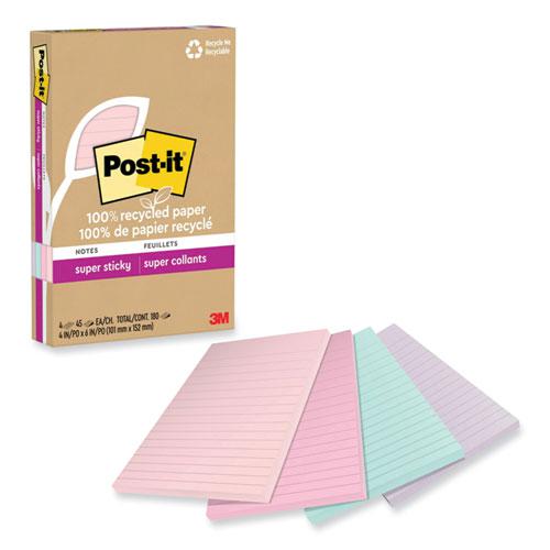 100% Recycled Paper Super Sticky Notes, Ruled, 4" x 6", Wanderlust Pastels, 45 Sheets/Pad, 4 Pads/Pack. Picture 1