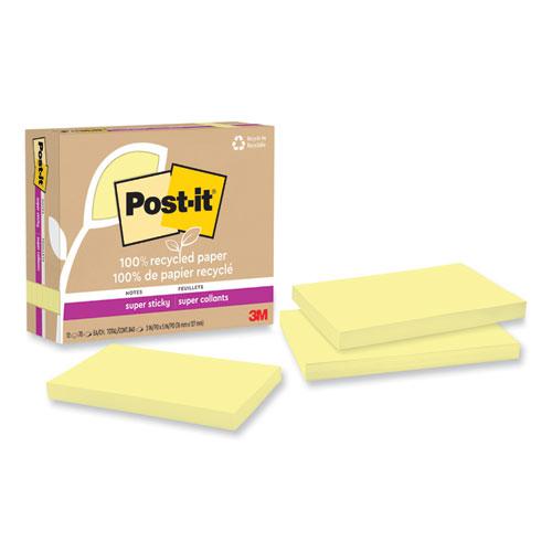 100% Recycled Paper Super Sticky Notes, 3" x 5", Canary Yellow, 70 Sheets/Pad, 12 Pads/Pack. Picture 1
