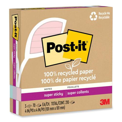 100% Recycled Paper Super Sticky Notes, Ruled, 4" x 4", Wanderlust Pastels, 70 Sheets/Pad, 3 Pads/Pack. Picture 3