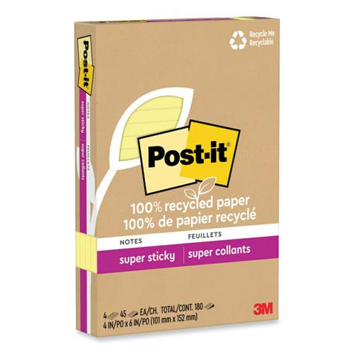 100% Recycled Paper Super Sticky Notes, Ruled, 4" x 6", Canary Yellow, 45 Sheets/Pad, 4 Pads/Pack. Picture 1