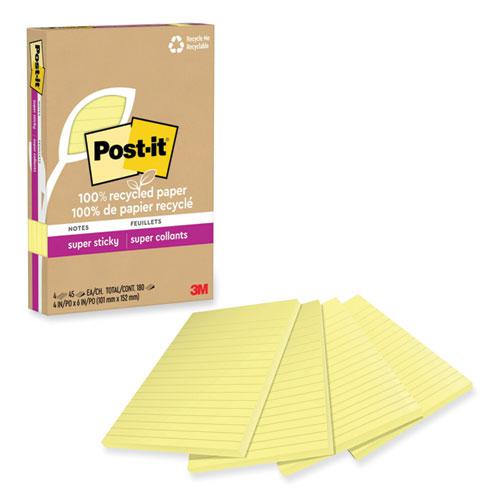100% Recycled Paper Super Sticky Notes, Ruled, 4" x 6", Canary Yellow, 45 Sheets/Pad, 4 Pads/Pack. Picture 2