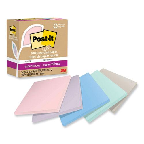 100% Recycled Paper Super Sticky Notes, 3" x 3", Wanderlust Pastels, 70 Sheets/Pad, 5 Pads/Pack. Picture 1