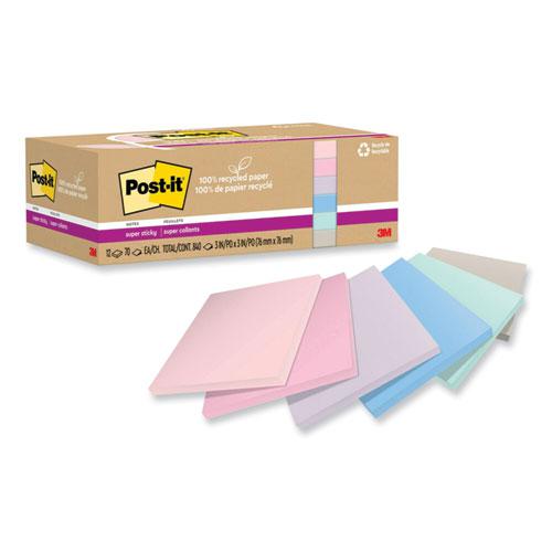 100% Recycled Paper Super Sticky Notes, 3" x 3", Wanderlust Pastels, 70 Sheets/Pad, 12 Pads/Pack. Picture 1
