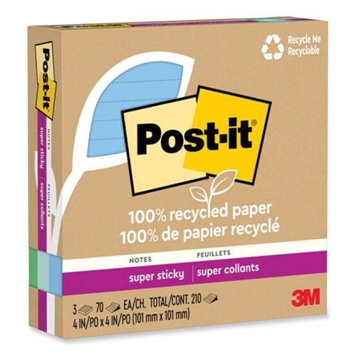 100% Recycled Paper Super Sticky Notes, Ruled, 4" x 4", Oasis, 70 Sheets/Pad, 3 Pads/Pack. Picture 2