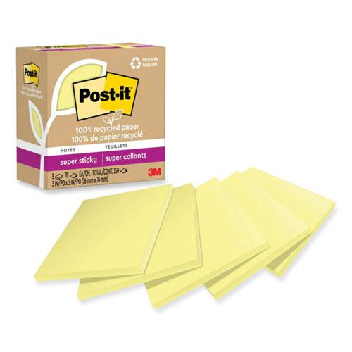 100% Recycled Paper Super Sticky Notes, 3" x 3", Canary Yellow, 70 Sheets/Pad, 5 Pads/Pack. Picture 1