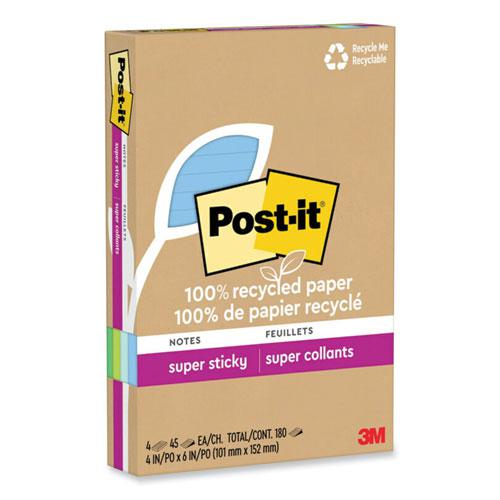 100% Recycled Paper Super Sticky Notes, Ruled, 4" x 6", Oasis, 45 Sheets/Pad, 4 Pads/Pack. Picture 2