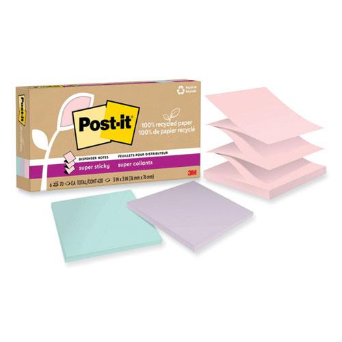 100% Recycled Paper Super Sticky Notes, 3" x 3", Wanderlust Pastels, 70 Sheets/Pad, 6 Pads/Pack. Picture 1