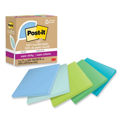 100% Recycled Paper Super Sticky Notes, 3" x 3", Oasis, 70 Sheets/Pad, 5 Pads/Pack. Picture 1