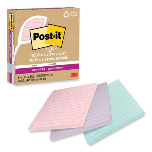 100% Recycled Paper Super Sticky Notes, Ruled, 4" x 4", Wanderlust Pastels, 70 Sheets/Pad, 3 Pads/Pack. Picture 1