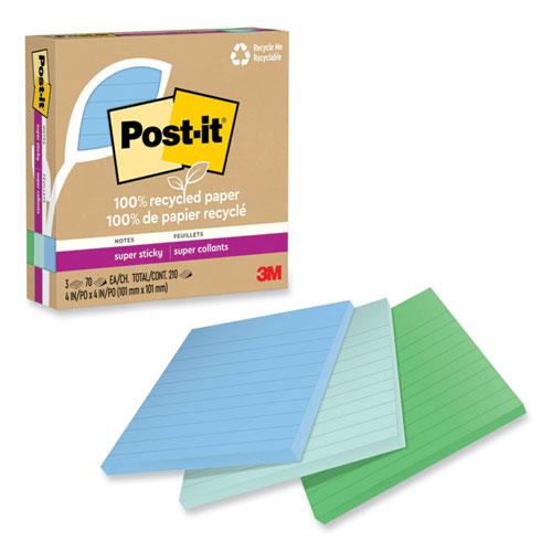 100% Recycled Paper Super Sticky Notes, Ruled, 4" x 4", Oasis, 70 Sheets/Pad, 3 Pads/Pack. Picture 1