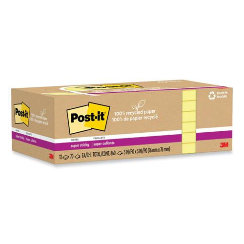 100% Recycled Paper Super Sticky Notes, 3" x 3", Canary Yelow, 70 Sheets/Pad, 12 Pads/Pack. Picture 2