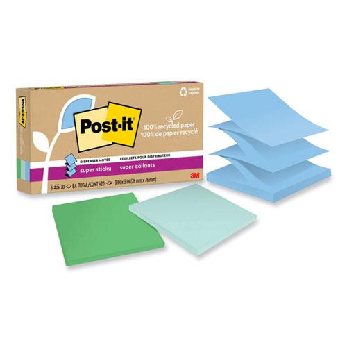 100% Recycled Paper Super Sticky Notes, 3" x 3", Oasis, 70 Sheets/Pad, 6 Pads/Pack. Picture 1
