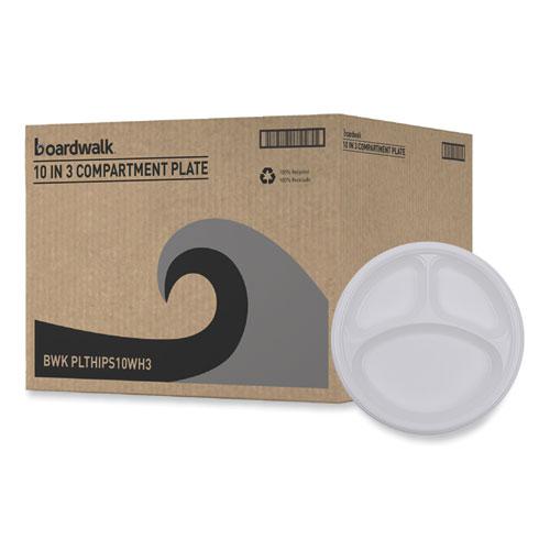 Hi-Impact Plastic Dinnerware, Plate, 3-Compartment, 10" dia, White, 500/Carton. Picture 9