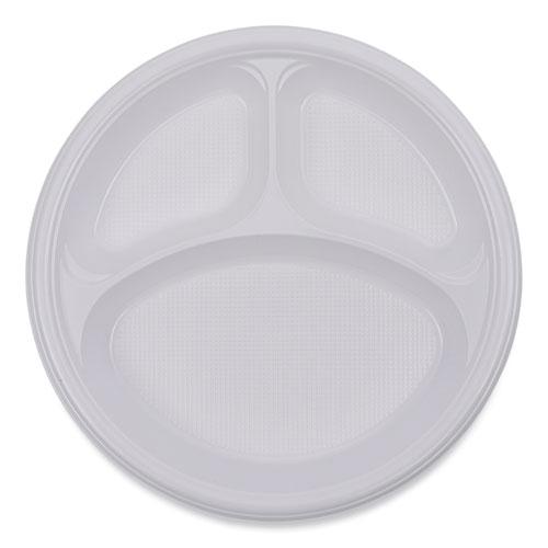 Hi-Impact Plastic Dinnerware, Plate, 3-Compartment, 10" dia, White, 500/Carton. Picture 8